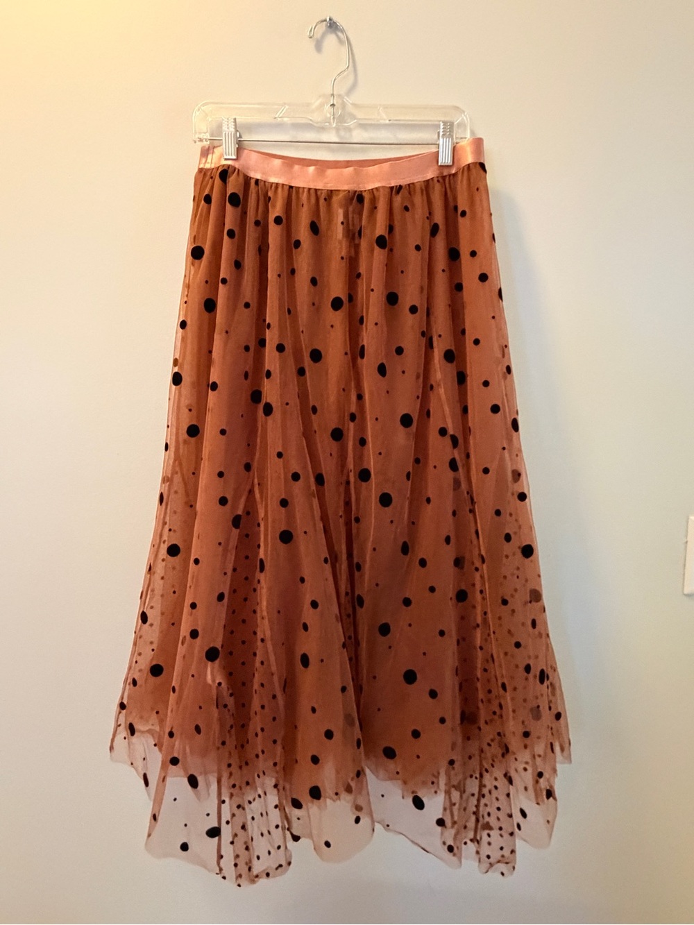Anthropologie Maeve Brown Tulle Midi Skirt with Black Polka Dots - Picture 3 of 6